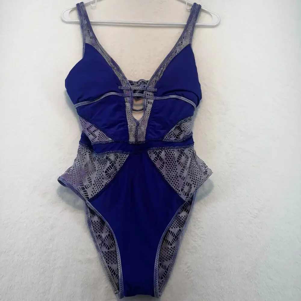 BECCA by Rebecca Up‎ In The Clouds One Piece Swimsuit Size M Purple Blue Mesh